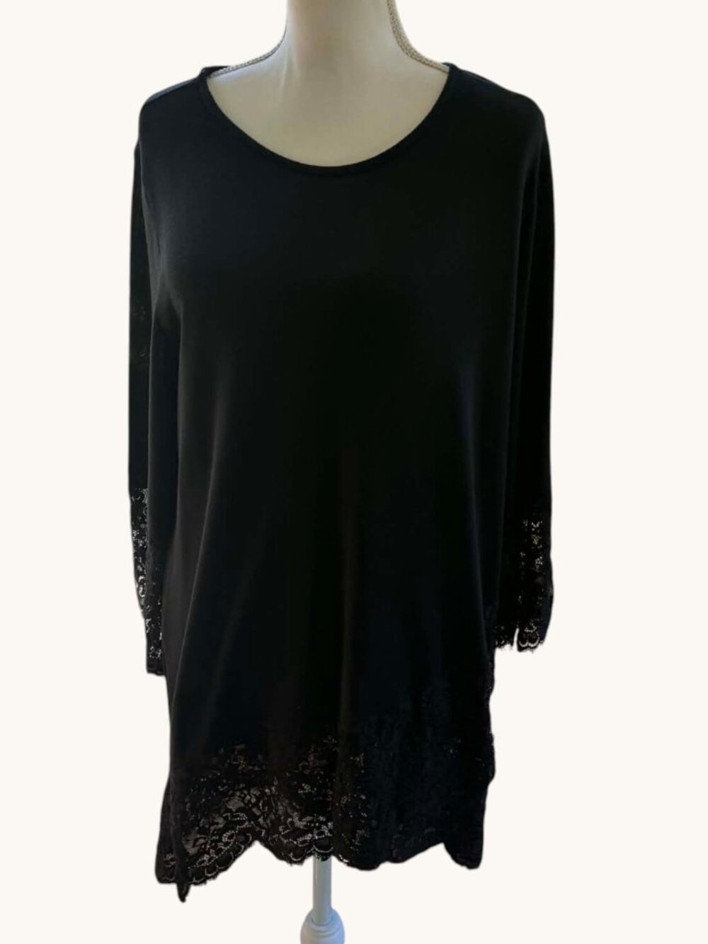 Suzanne Betro Black Lace Trim Tunic Sweater Top